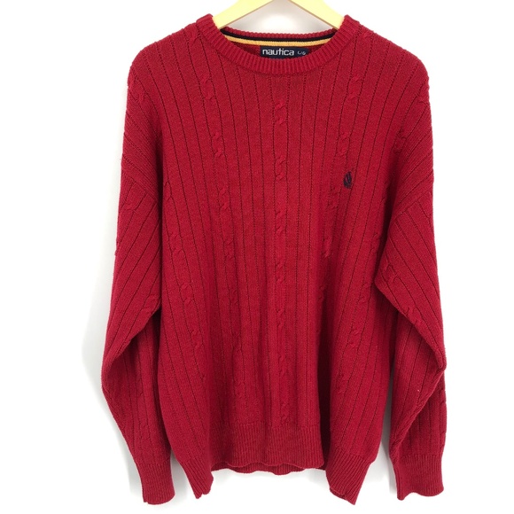 Vintage Nautica Mens Sweater Size Large Red Chunky Cable Knit Crewneck‎ - Picture 1 of 11